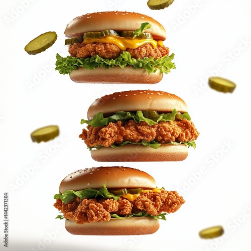 Obraz na płótnie Three delicious crispy chicken burgers with cheese, lettuce, and pickles, levitating against a white background. w salonie