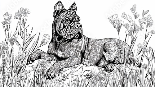 Obraz na płótnie Canine resting on rock amidst tall grass and flowers, detailed monochrome illustration. w salonie