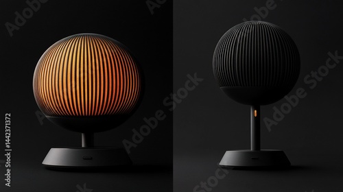 Two views of a sleek, modern spherical lamp with a stand, one illuminated, one off, against a dark background.