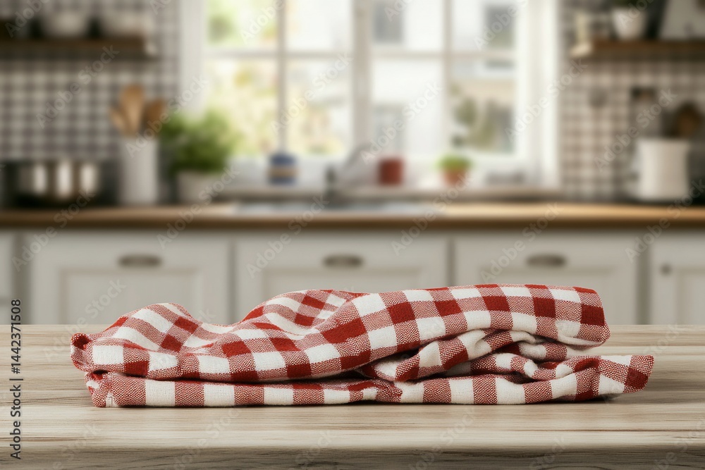 Red checkered kitchen towel on wooden table with blurred kitchen background.