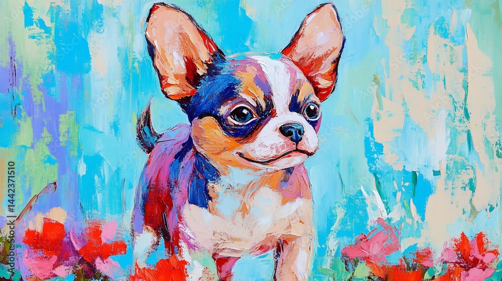 Vibrant painting of a cute chihuahua puppy amidst red flowers on a blue background.