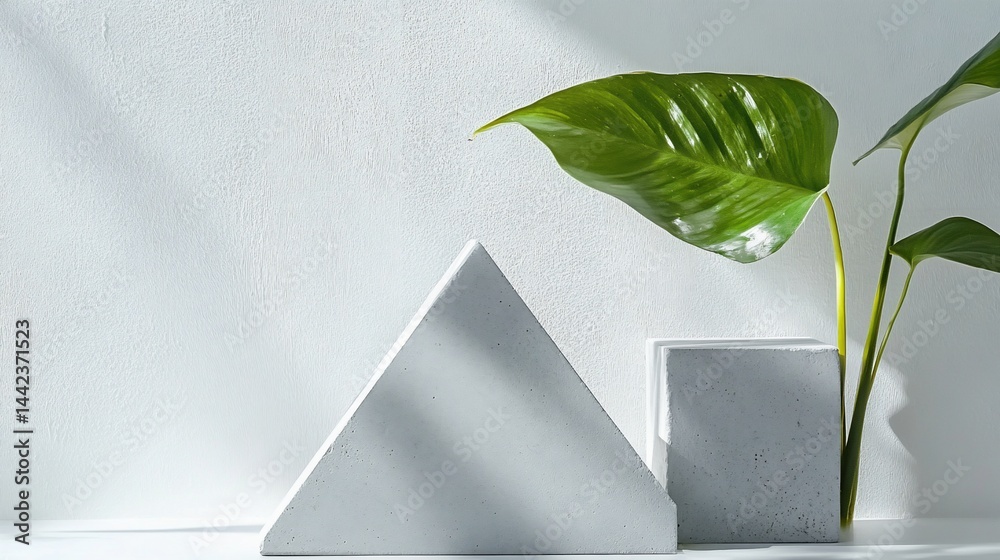 Minimalist still life with geometric shapes and tropical plant against a white wall.