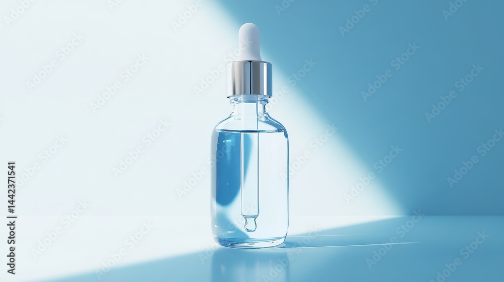Glass Dropper Bottle with Clear Liquid on Soft Blue Background