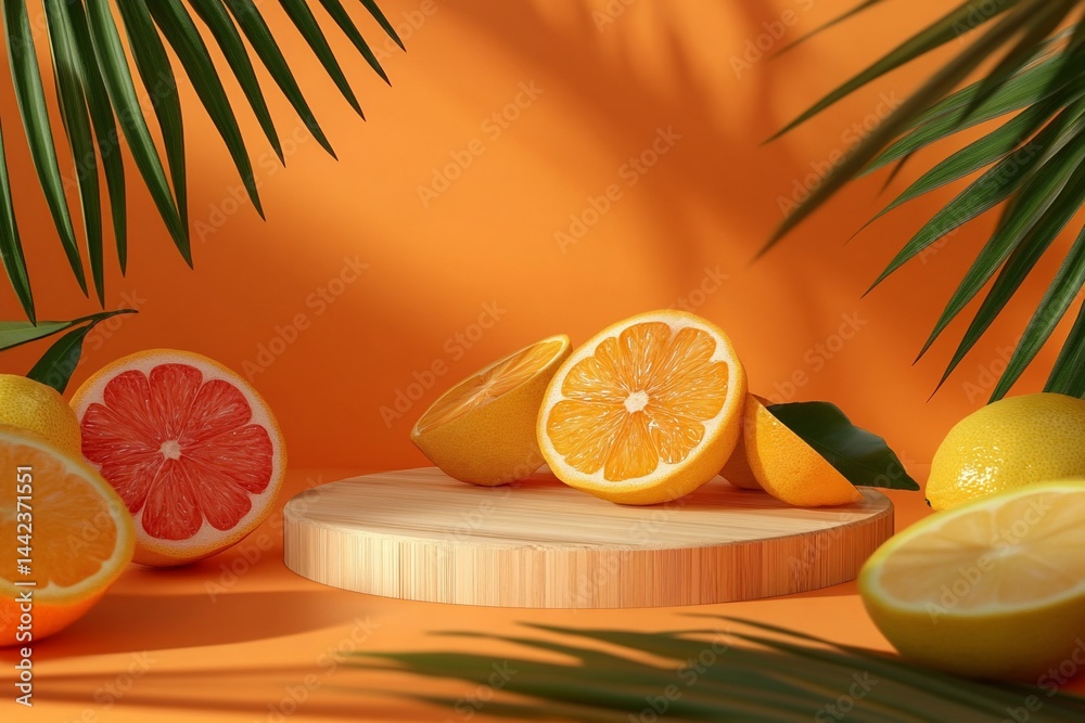Sliced oranges, lemons, and grapefruit on a wooden platform with palm leaves, illuminated by warm sunlight.
