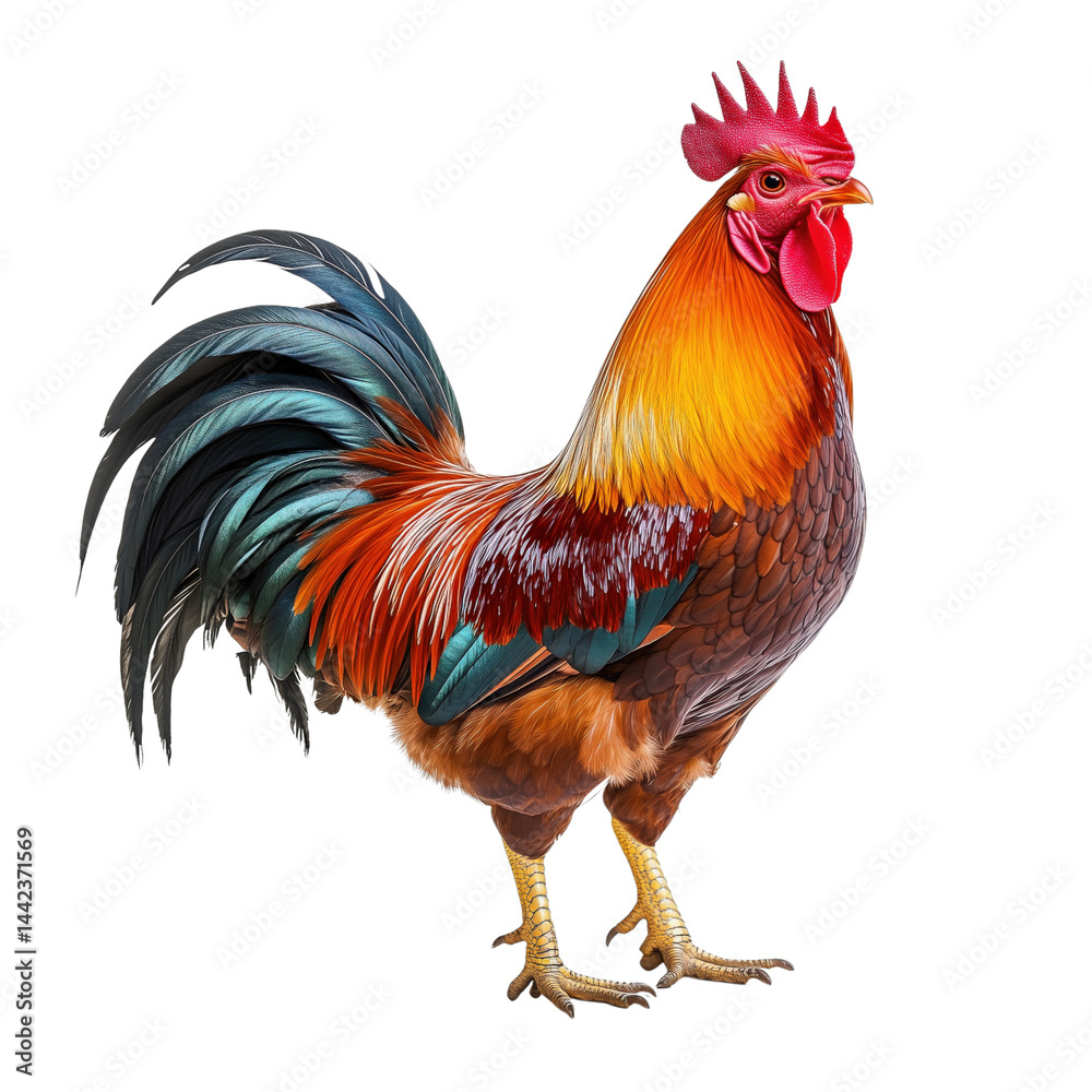 Fototapeta premium larfge red rooster side view, vivid feathers, isolated on transparent background, cut out, no shadow, standing proudly