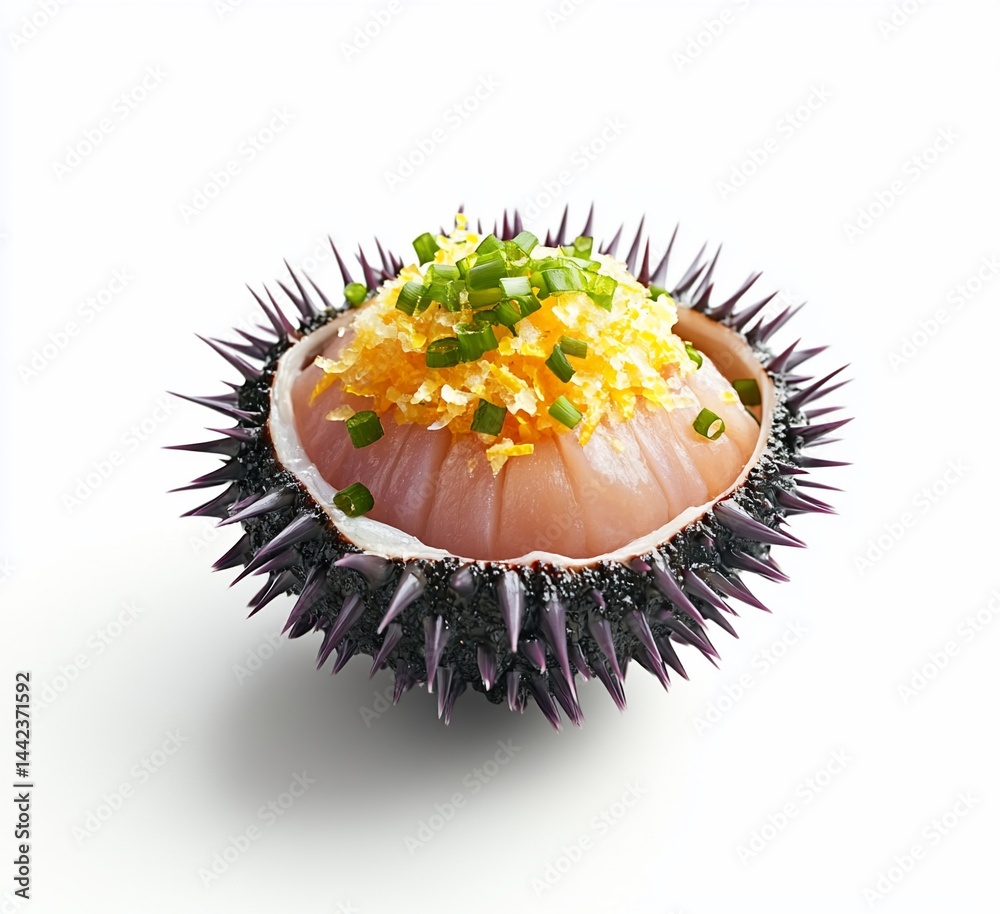 Close-up of a sea urchin filled with grated cheese and chopped chives, isolated on white background.
