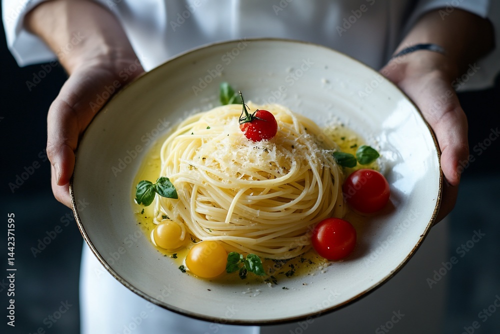 Chef presenting a plate of delicious spaghetti aglio e olio with cherry tomatoes and parmesan cheese.