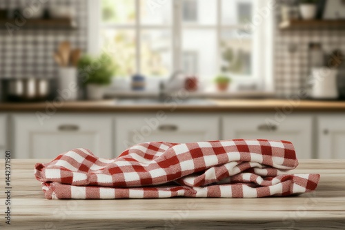 Obraz na płótnie Red checkered kitchen towel on wooden table with blurred kitchen background. w salonie