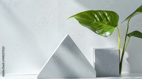 Obraz na płótnie Minimalist still life with geometric shapes and tropical plant against a white wall. w salonie