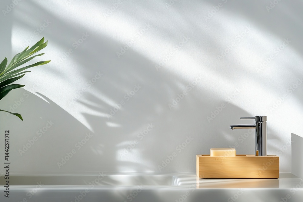 Minimalist bathroom sink with soap dish, faucet, and plant shadow.