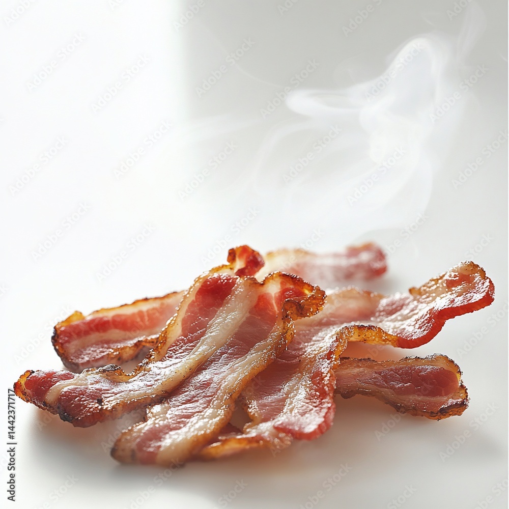 Crispy cooked bacon strips with steam on white background.