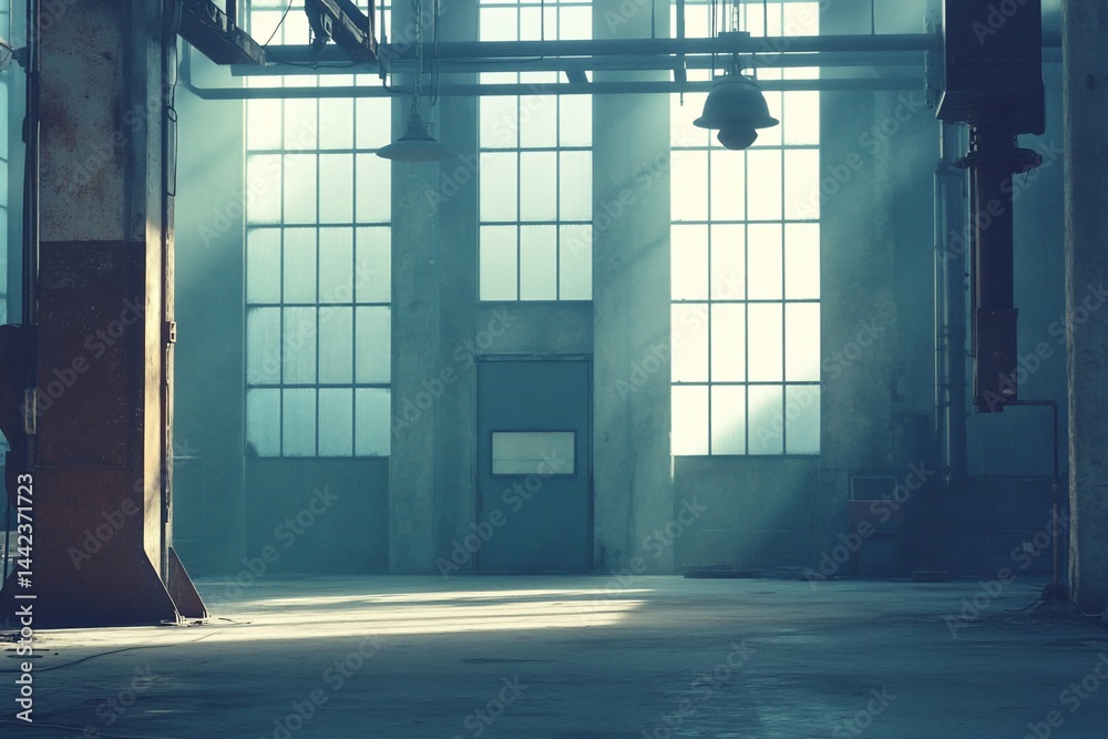 Sunbeams illuminate a large, empty industrial space with high windows, aged walls, and rusty pillars.