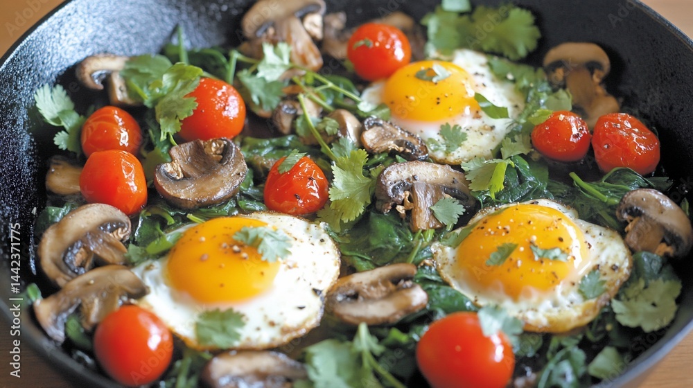 A cast iron skillet with fried eggs, spinach, mushrooms, and cherry tomatoes.