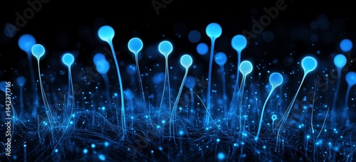 Glowing blue abstract stems and orbs on dark background.