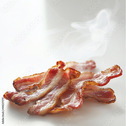 Obraz na płótnie Crispy cooked bacon strips with steam on white background. w salonie