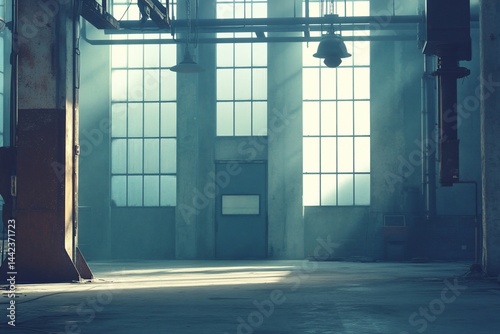 Sunbeams illuminate a large, empty industrial space with high windows, aged walls, and rusty pillars.