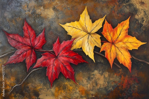 Obraz na płótnie Autumn leaves in red, yellow, and orange hues on a textured background. w salonie