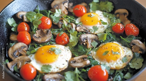 Obraz na płótnie A cast iron skillet with fried eggs, spinach, mushrooms, and cherry tomatoes. w salonie