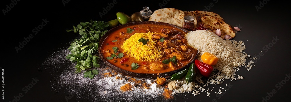 Aromatic Chicken Curry with Rice and Naan Bread.