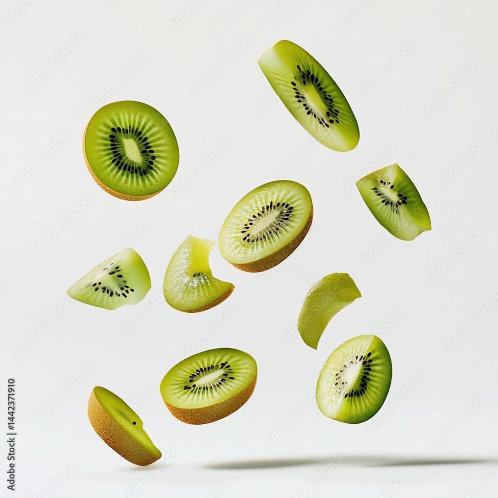 Slices of fresh kiwi fruit levitating against a white background.