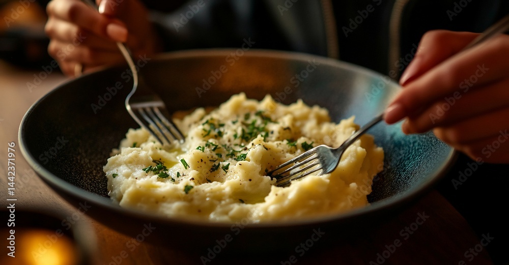 Close-up of hands using forks to eat creamy mashed potatoes with herbs in a dark bowl.