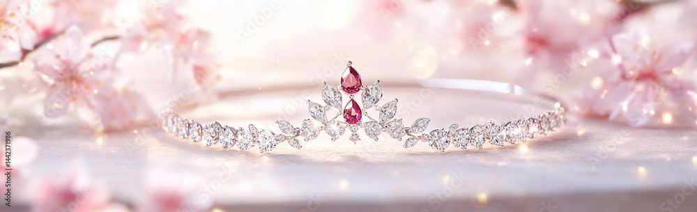 Elegant silver tiara with pink gemstones rests on a surface adorned with delicate pink blossoms.
