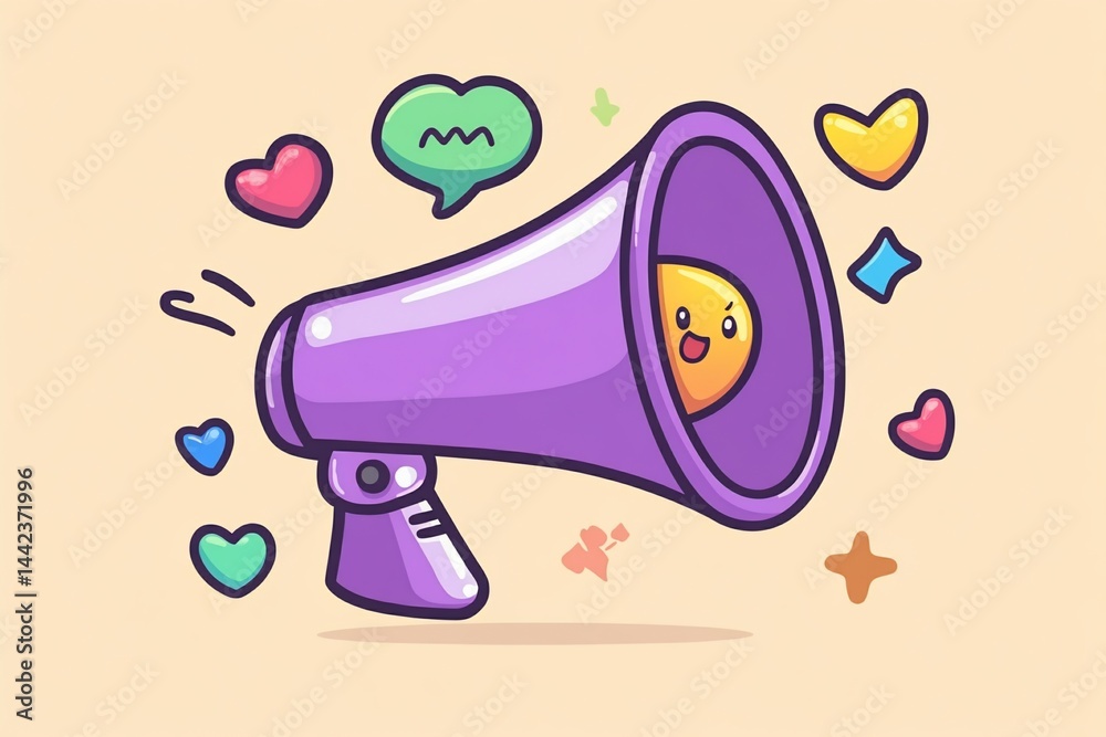 Cute cartoon megaphone with happy emoticon and hearts.