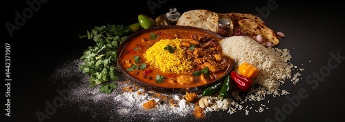 Obraz na płótnie Aromatic Chicken Curry with Rice and Naan Bread. w salonie