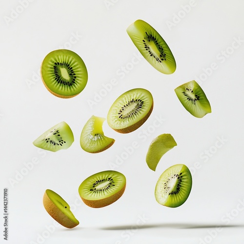 Obraz na płótnie Slices of fresh kiwi fruit levitating against a white background. w salonie