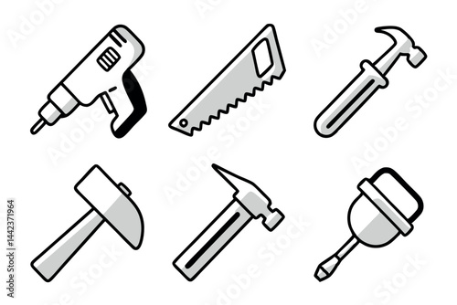 power tools such as drills, saws, hammers, and a sander in black and white style, ideal for home improvement and workshop designs labour day or labor day line art icon set