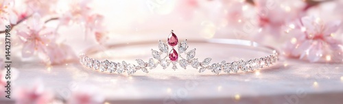 Obraz na płótnie Elegant silver tiara with pink gemstones rests on a surface adorned with delicate pink blossoms. w salonie