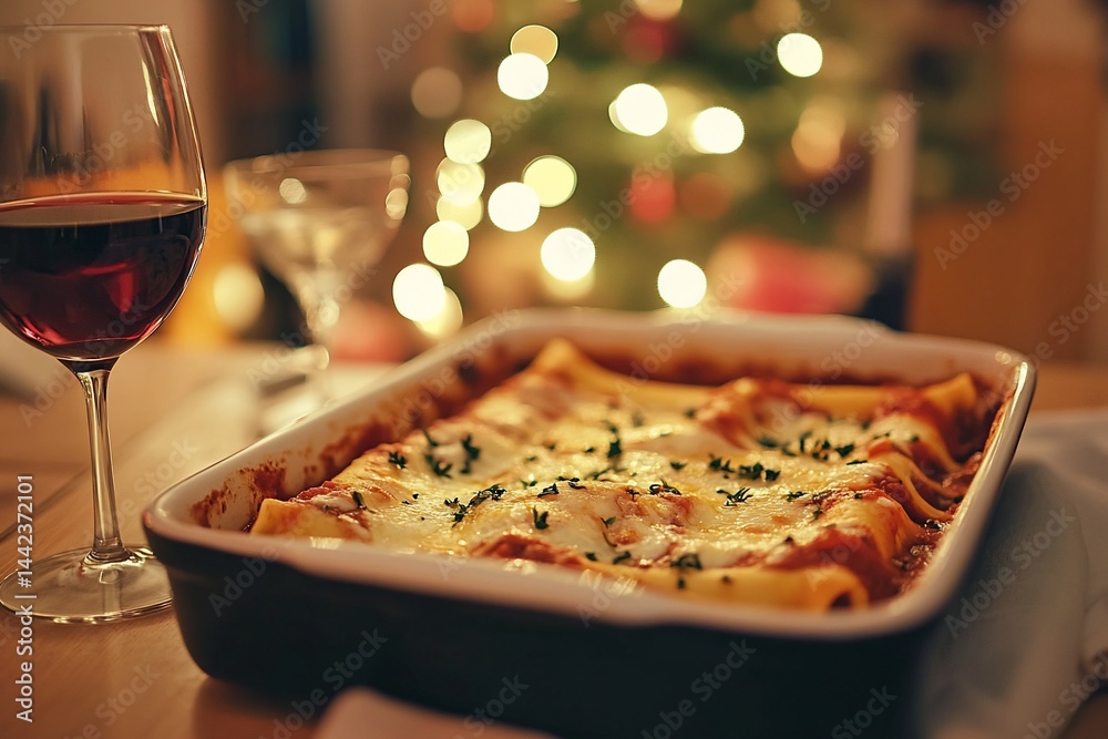 Delicious lasagna dinner with red wine, Christmas lights bokeh background.