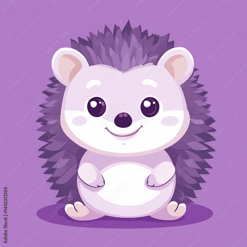 Adorable cartoon hedgehog sitting on purple background.