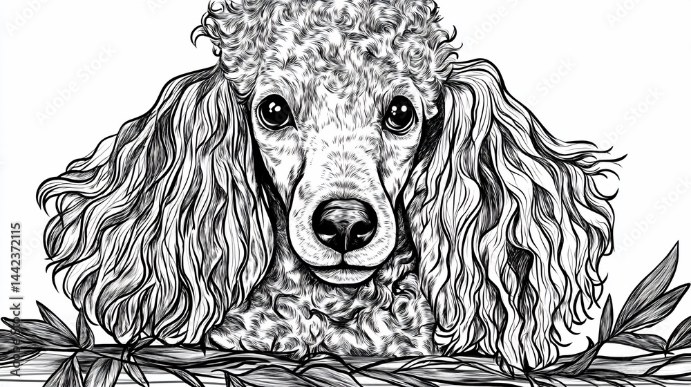 Monochrome illustration of a fluffy poodle dog peering over foliage.