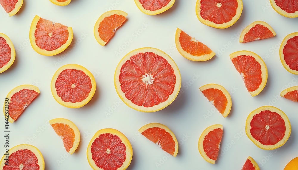 Flat lay of fresh pink grapefruit halves and slices on white background.