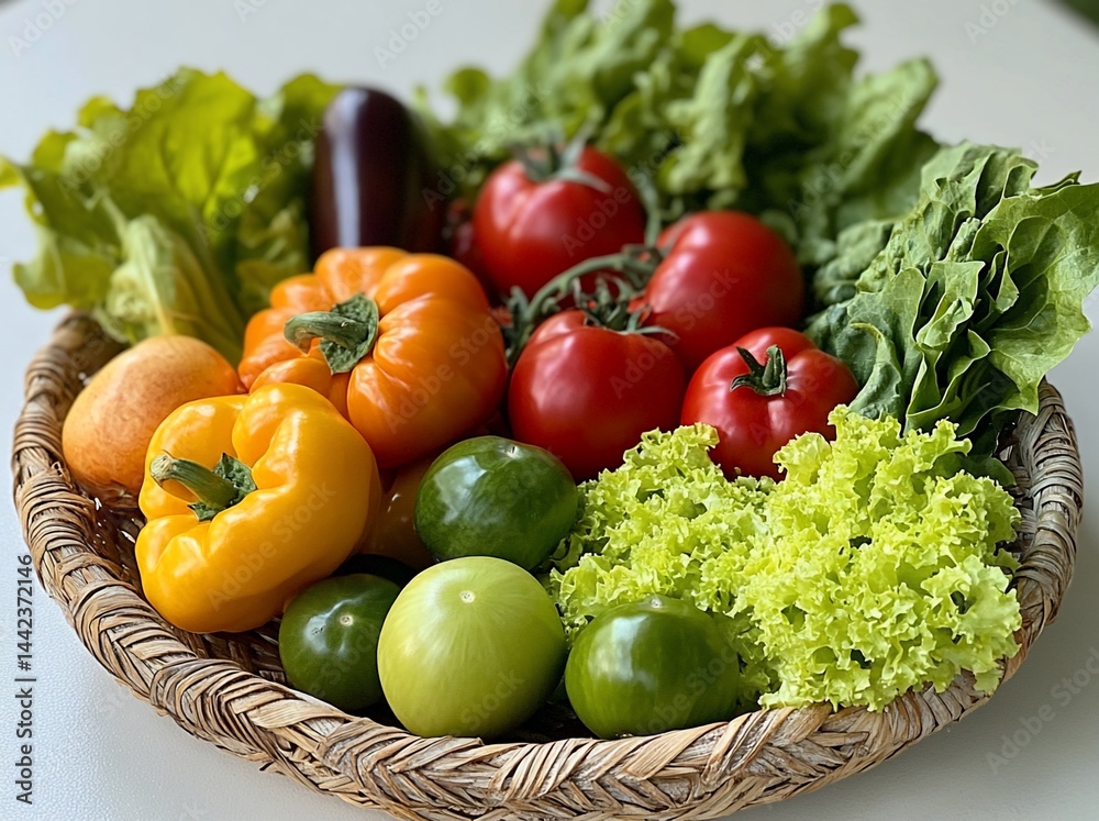 Fresh, colorful vegetables and fruit in a wicker basket.