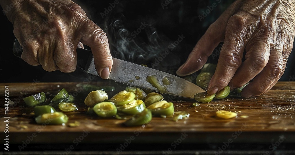 Close-up of elderly hands expertly chopping fresh green chili peppers on a rustic wooden cutting board, steam rising.