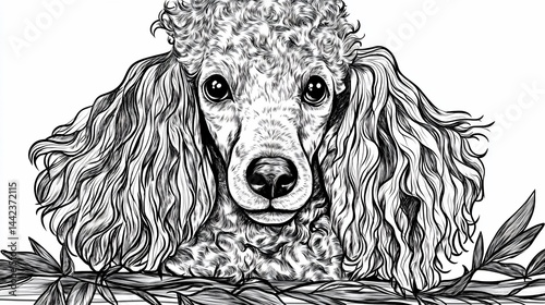 Obraz na płótnie Monochrome illustration of a fluffy poodle dog peering over foliage. w salonie