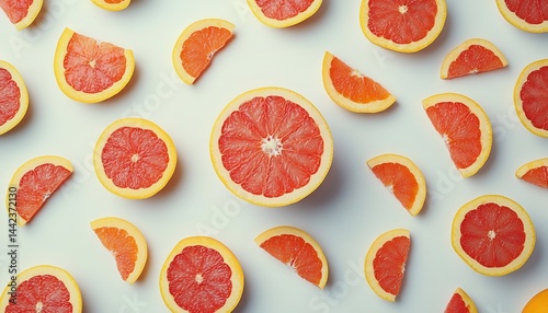 Obraz na płótnie Flat lay of fresh pink grapefruit halves and slices on white background. w salonie