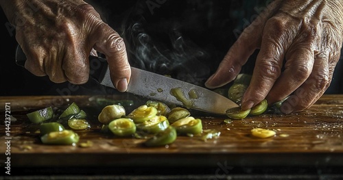 Obraz na płótnie Close-up of elderly hands expertly chopping fresh green chili peppers on a rustic wooden cutting board, steam rising. w salonie