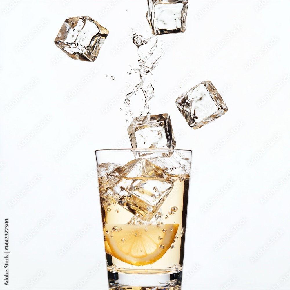 Ice cubes falling into a glass of lemon water with splash.