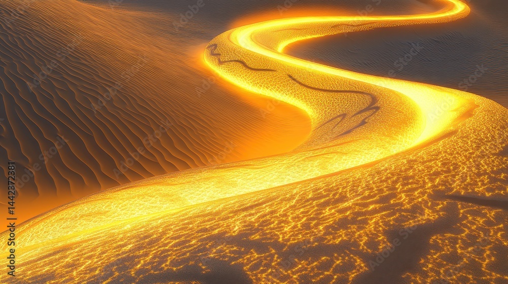 Glowing River of Light Through Golden Sands of Serene Desert Landscape