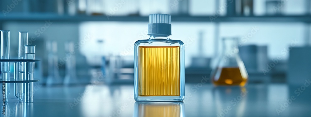 Amber liquid in a square bottle sits on a lab bench among test tubes and flasks.