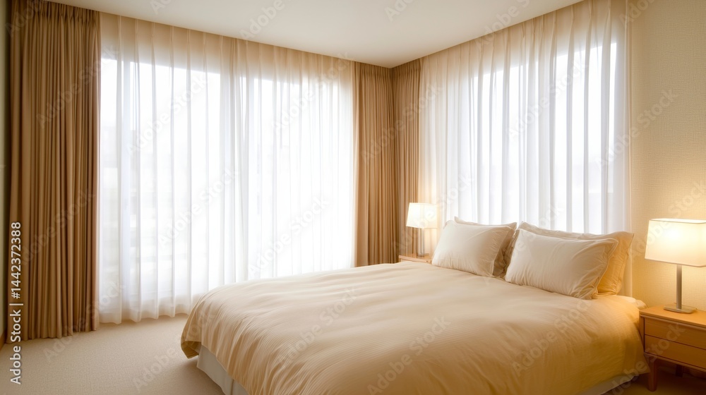 Fototapeta premium Soft and Dust-Free Bedroom with Natural Light and Elegant Design,3D rendering