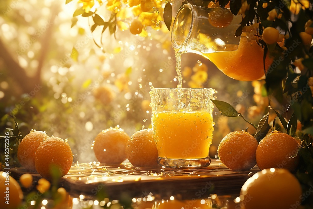 Fresh orange juice pouring into a glass surrounded by oranges and blossoms in sunlight.