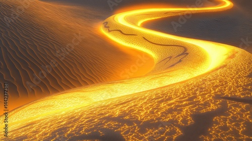 Obraz na płótnie Glowing River of Light Through Golden Sands of Serene Desert Landscape w salonie