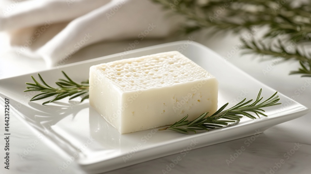 White cheese block on a white plate garnished with rosemary sprigs.