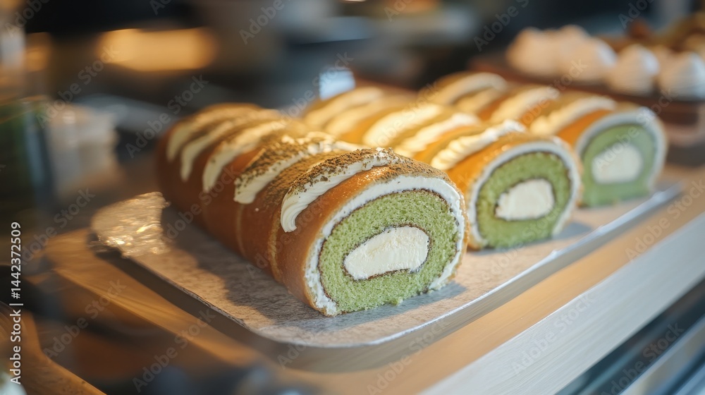 Green Tea Cake Roll with Cream Filling Displayed in a Bakery Case