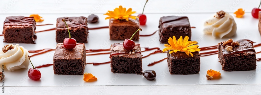Assorted brownies, cherries, flowers, and whipped cream arranged on a platter.