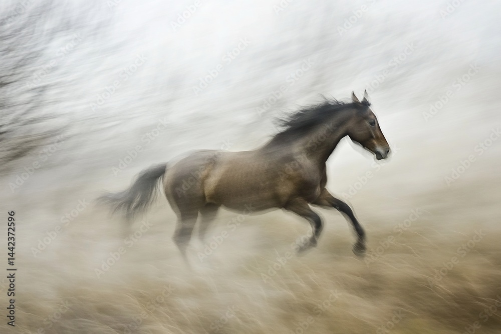A brown horse running in a misty field.